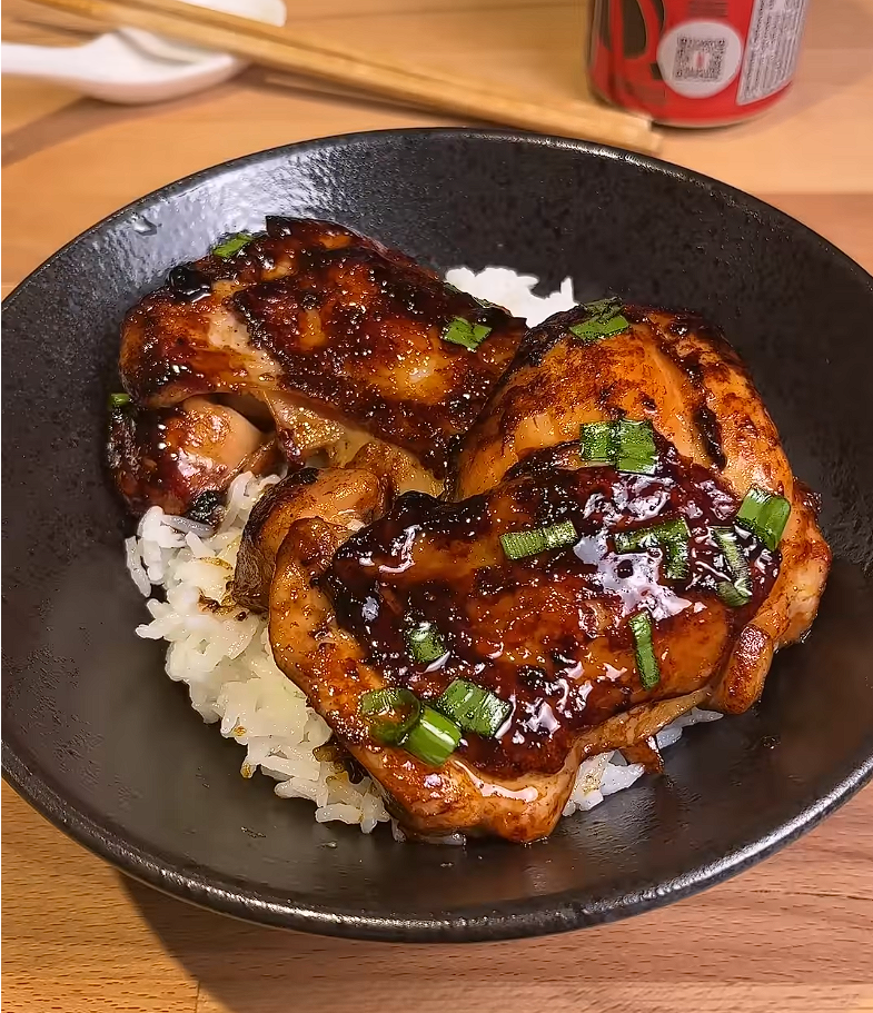 teriyaki chicken on a bowl of rice